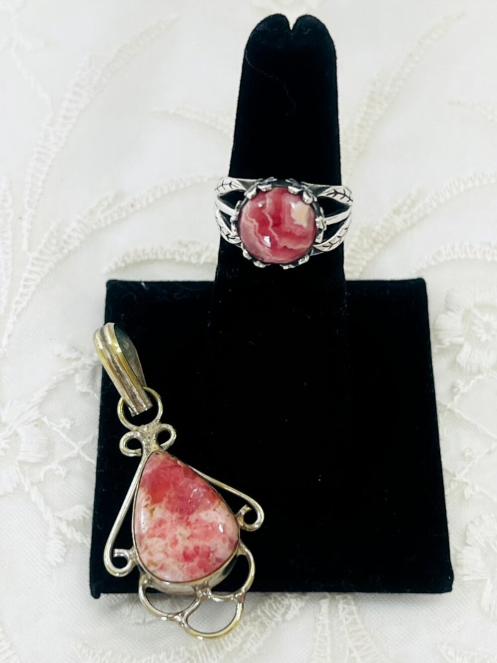 Sterling Silver Rhodochrosite .925 Ring Size 6 & Silver-tone Pendant